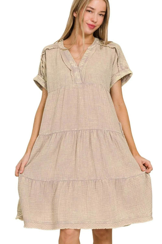 Zenana Washed Double Gauze Raw Edge Notched Dress - Shop Style & More | Fresh Looks, Everyday Deals & Free Shipping