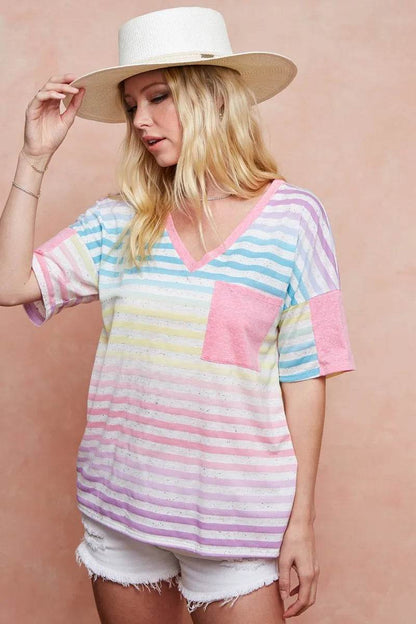 BiBi Rainbow Stripe Printed Triblend Knit Top - Shop Style & More | Fresh Looks, Everyday Deals & Free Shipping