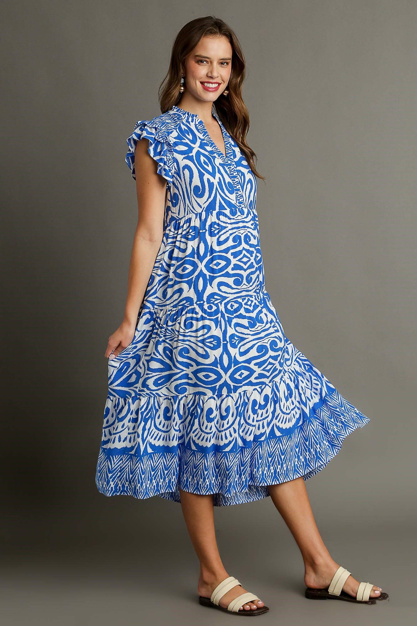 Umgee Full Size Two Tone Border Print Ruffle Cap Sleeve Midi Dress Plus Size Casual Dresses