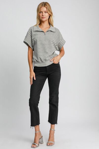 Umgee Striped Half Zip Short Sleeve Sweatshirt Hoodies & Sweaters