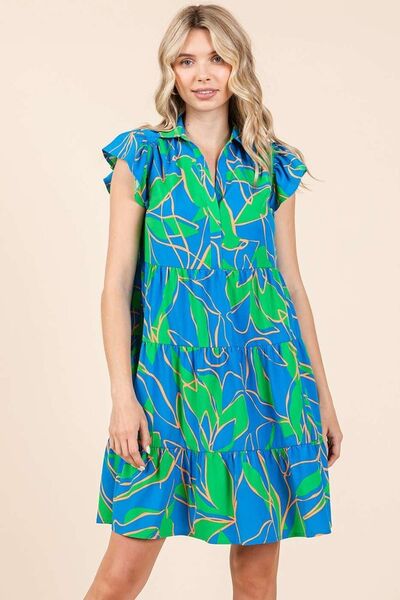 Mittoshop Leaf Print Ruffle Sleeve Tiered Mini Dress Casual Dresses