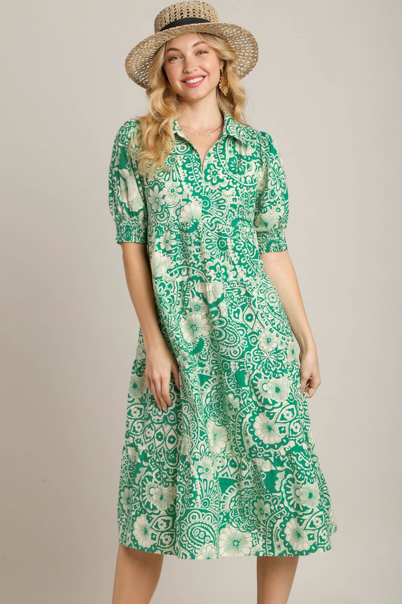 Umgee Full Size Printed Smocked Cuff Puff Sleeve Midi Dress Plus Size Green Casual Dresses