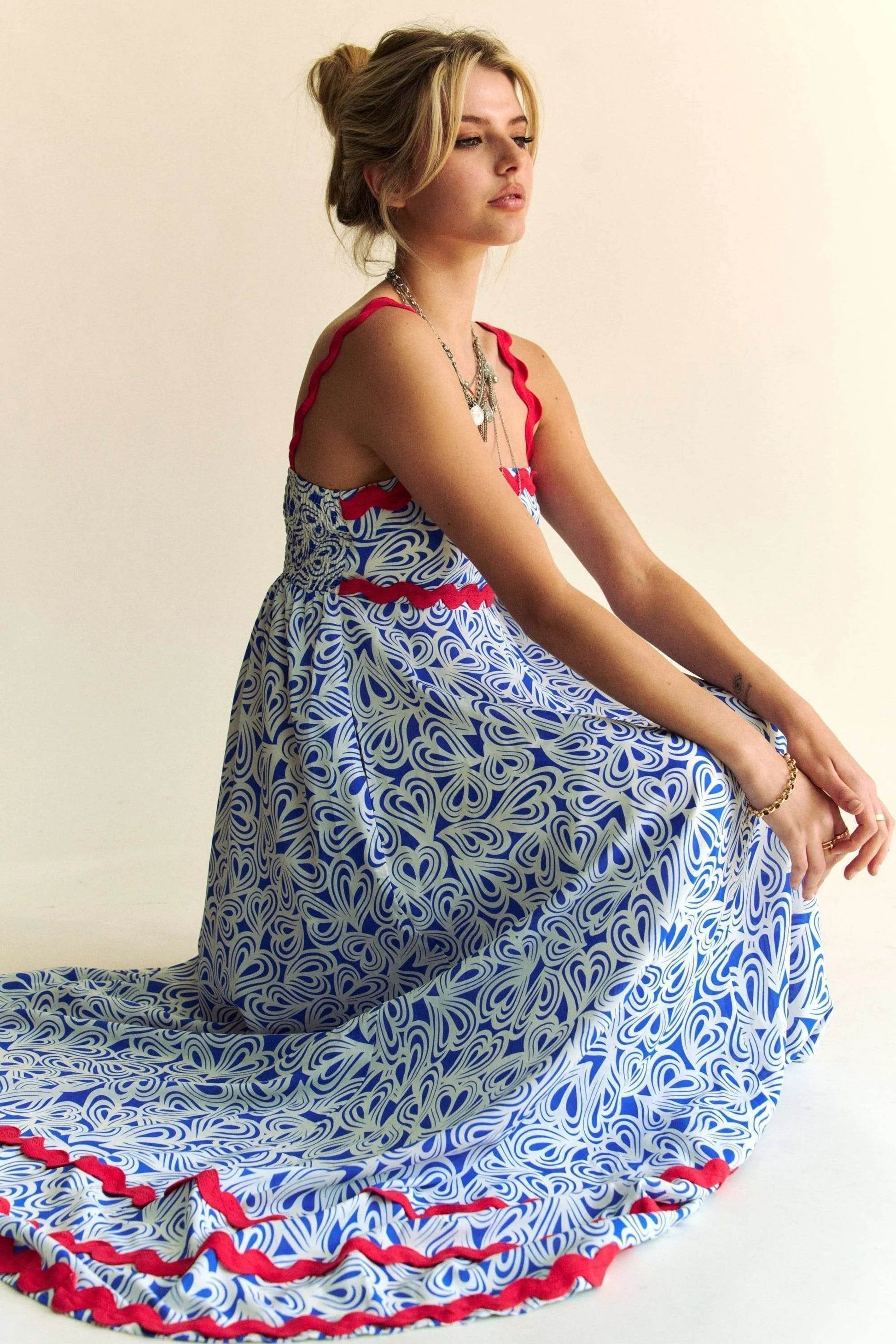 Davi & Dani Geo 2 Tone Printed Wavi Trim Tiered Maxi Dress - Shop Style & More | Fresh Looks, Everyday Deals & Free Shipping