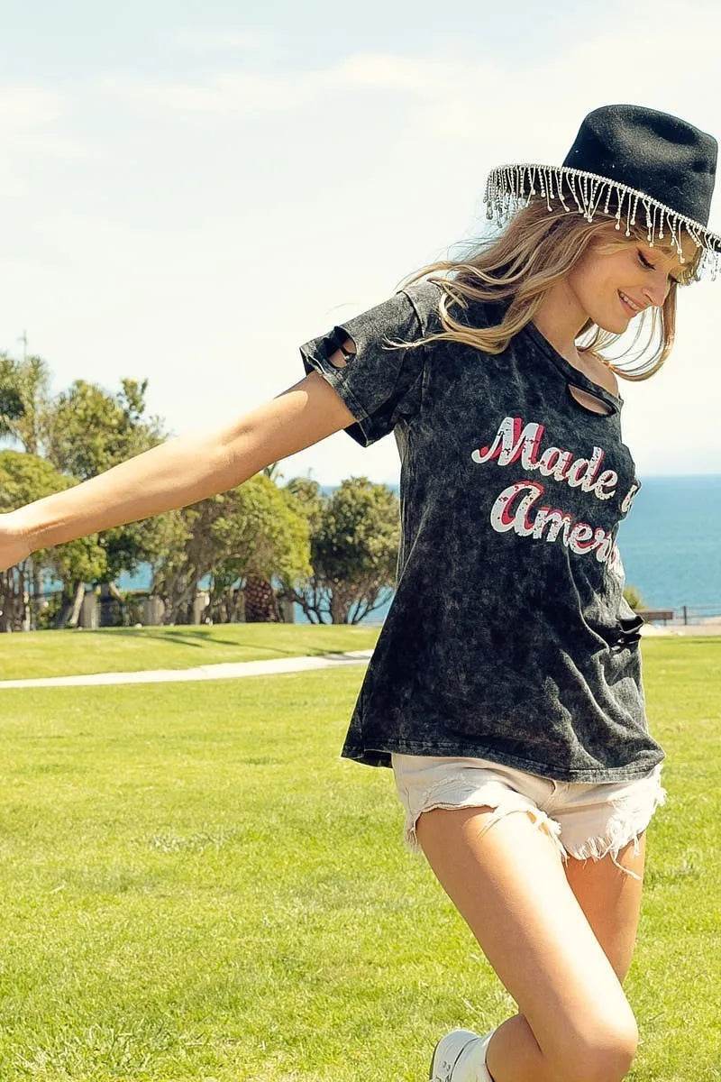 BiBi Laser Cut Mineral Washed America Print Top - Shop Style & More | Fresh Looks, Everyday Deals & Free Shipping