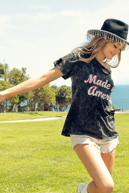 BiBi Laser Cut Mineral Washed America Print Top - Shop Style & More | Fresh Looks, Everyday Deals & Free Shipping