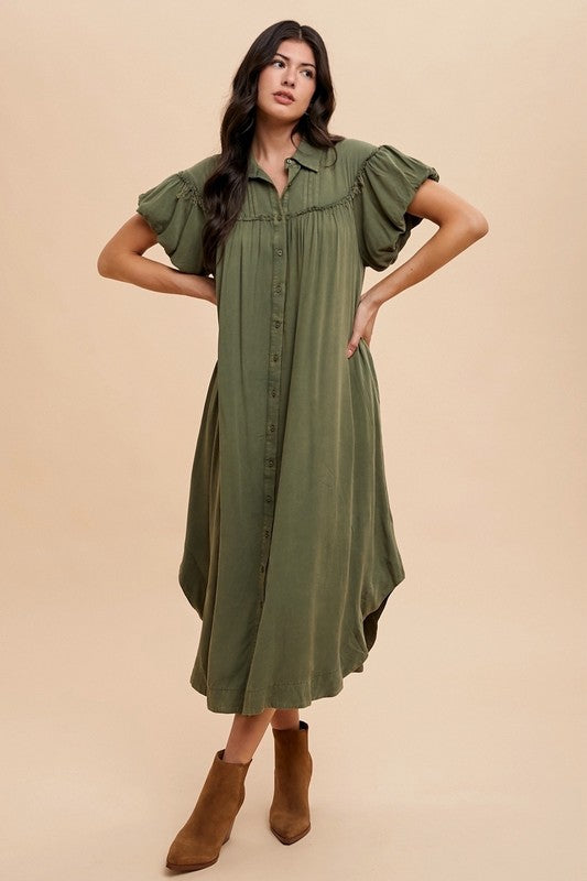 Annie Wear Mineral Washed Button Down Puff Sleeve Shirt Dress Army Green Casual Dresses