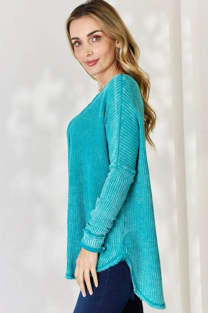 Zenana Oversized Washed Waffle Long Sleeve Top - Shop Style & More | Fresh Looks, Everyday Deals & Free Shipping