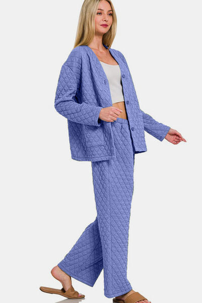 Zenana Quilted Button Up Long Sleeve Top and Pants Lounge Set Lounge Set