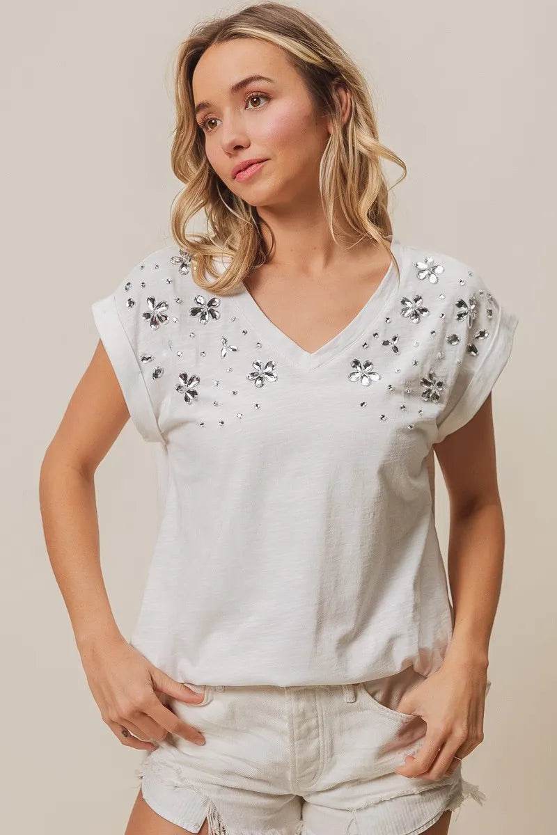 BiBi Slub Jersey Rhinestone V Neck Top - Shop Style & More | Fresh Looks, Everyday Deals & Free Shipping