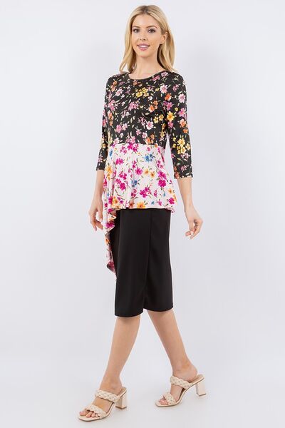 Celeste Full Size Floral Asymmetrical Hemline Round Neck Top Plus Size Blouses