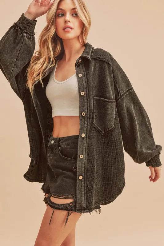 Aemi + Co Acid Washed Exposed Seam Button Up Jacket - Shop Style & More | Fresh Looks, Everyday Deals & Free Shipping