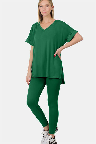 Zenana V-Neck Rolled Short Sleeve T-Shirt and Leggings Lounge Set Lounge Set