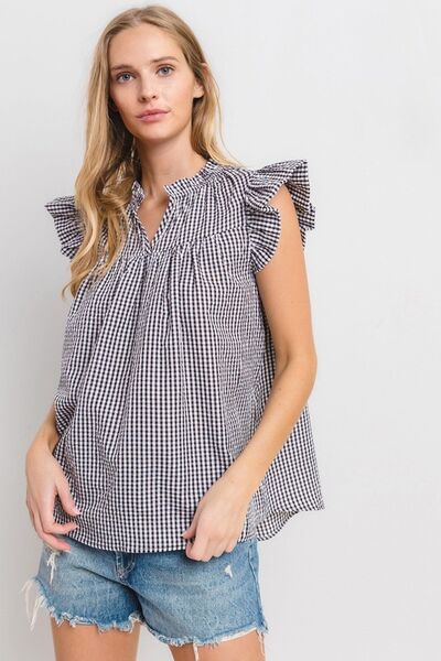 Ces Femme Plaid Notched Ruffled Cap Sleeve Blouse Blouses