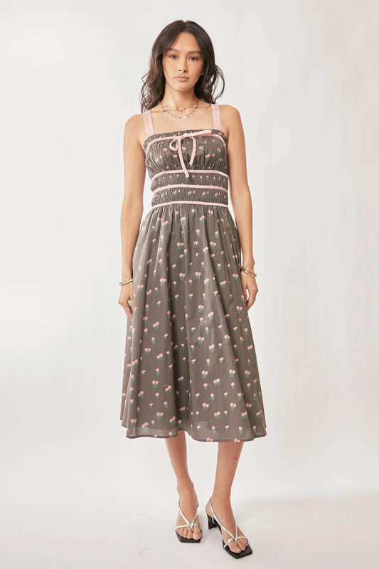 Davi & Dani Contrast Velvet Tape Smocking Bodice Midi Dress - Shop Style & More | Fresh Looks, Everyday Deals & Free Shipping