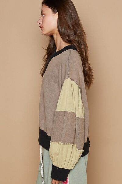 POL Waffle-Knit Detail Color Block Round Neck Sweatshirt - Shop Style & More | Fresh Looks, Everyday Deals & Free Shipping