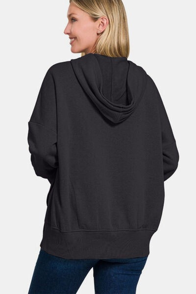 Zenana Half Snap Long Sleeve Hoodie with Kangaroo Pocket Hoodies & Sweaters