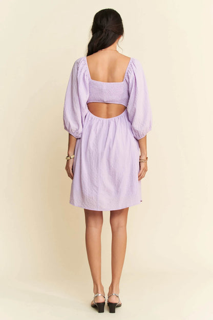 Davi & Dani Self-Tie Puff Sleeve Smocking Open Back Mini Dress - Shop Style & More | Fresh Looks, Everyday Deals & Free Shipping