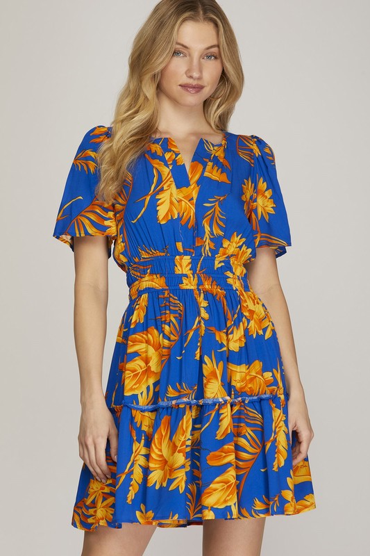 She + Sky Full Size Printed Notched Short Sleeve Frill Tiered Dress Plus Size Royal Blue Casual Dresses