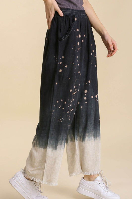 Umgee Full Size Raw Hem Linen Blend Bleach Dip Dye Wide Leg Pants Plus Size - Shop Style & More | Fresh Looks, Everyday Deals & Free Shipping