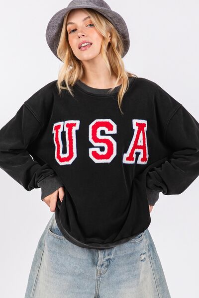 SAGE + FIG USA Letter Patch Round Neck Sweatshirt Hoodies & Sweaters