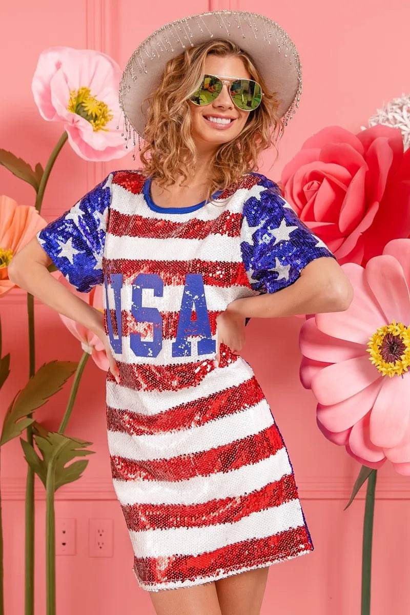 BiBi American Flag Theme Usa Print Sequin Dress - Shop Style & More | Fresh Looks, Everyday Deals & Free Shipping
