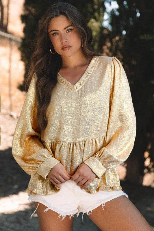 Metallic Frilled V Neck Puff Sleeve Babydoll Blous - Shop Style & More | Fresh Looks, Everyday Deals & Free Shipping