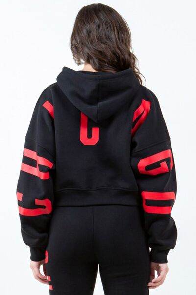American Bazi Letter Graphic Long Sleeve Drawstring Cropped Hoodie - Shop Style & More | Fresh Looks, Everyday Deals & Free Shipping