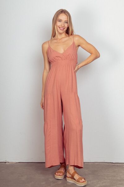 VERY J Sleeveless Ruched Wide Leg Jumpsuit Blush Jumpsuits