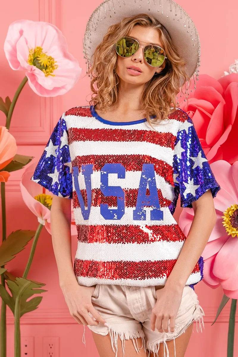 BiBi American Flag Theme USA Lettering Sequin Top - Shop Style & More | Fresh Looks, Everyday Deals & Free Shipping