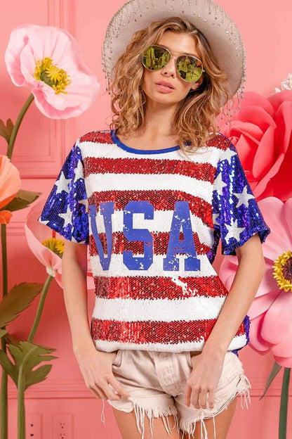 BiBi American Flag Theme USA Lettering Sequin Top - Shop Style & More | Fresh Looks, Everyday Deals & Free Shipping