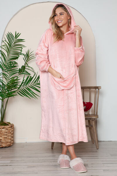 Double Take Full Size Pocketed Hooded Midi Lounge Dress Dusty Pink Sleepwear