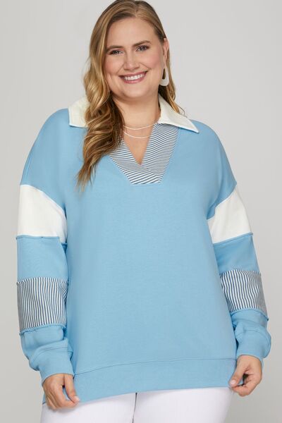 She + Sky Full Size Color Block Sleeve Johnny Collar French Terry Sweatshirt Plus Size Hoodies & Sweaters