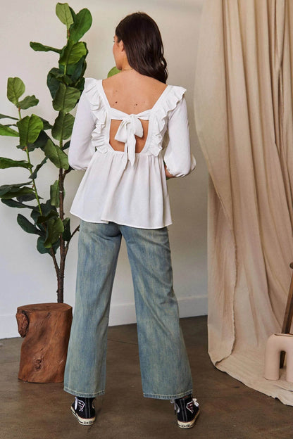 Davi & Dani Texture Tie Back Floral Embroidery Frill Blouse - Shop Style & More | Fresh Looks, Everyday Deals & Free Shipping