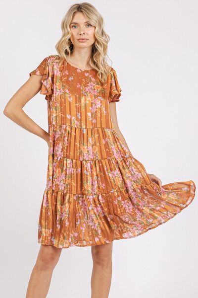 Mittoshop Flower Print Round Neck Flutter Sleeve Tiered Dress Casual Dresses