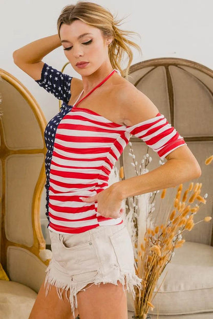 BiBi American Flag Off Shoulder With Front Ruched Top - Shop Style & More | Fresh Looks, Everyday Deals & Free Shipping