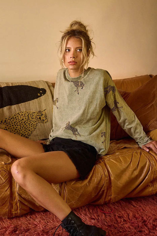 Mittoshop Mineral Wash Cheetah Print Long Sleeve Top - Shop Style & More | Fresh Looks, Everyday Deals & Free Shipping