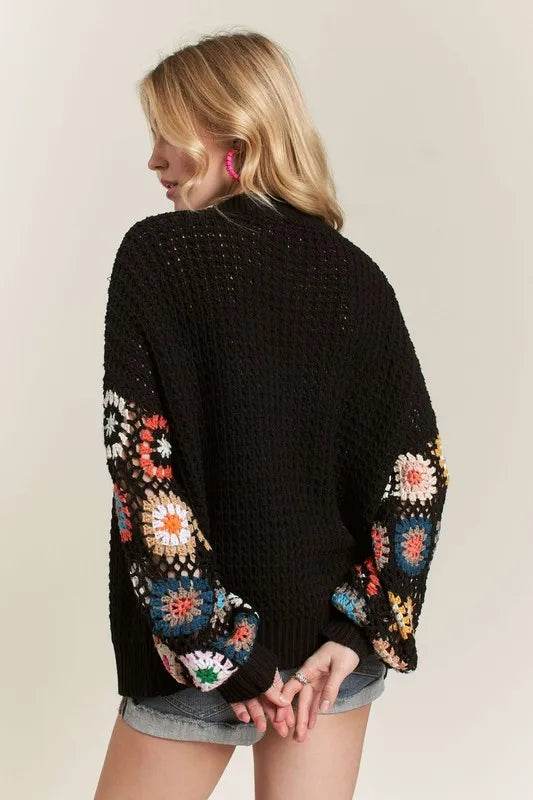 ADORA Full Size Contrast Crochet Open Front Long Sleeve Cardigan Plus Size - Shop Style & More | Fresh Looks, Everyday Deals & Free Shipping