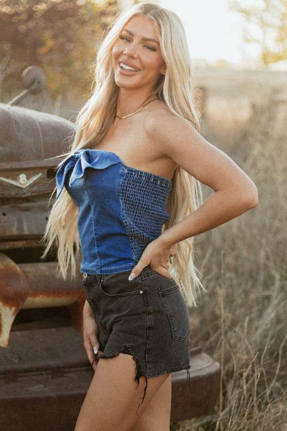 Avayah Vintage Bow Front Smocked Back Denim Tube T - Shop Style & More | Fresh Looks, Everyday Deals & Free Shipping