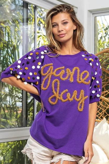 BiBi Game Day Metallic Letter Spangle Sleeve Top - Shop Style & More | Fresh Looks, Everyday Deals & Free Shipping
