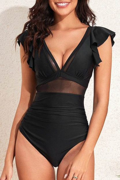 Deep V Neck Ruffle Color Block Lace Swimsuit - Shop Style & More | Fresh Looks, Everyday Deals & Free Shipping