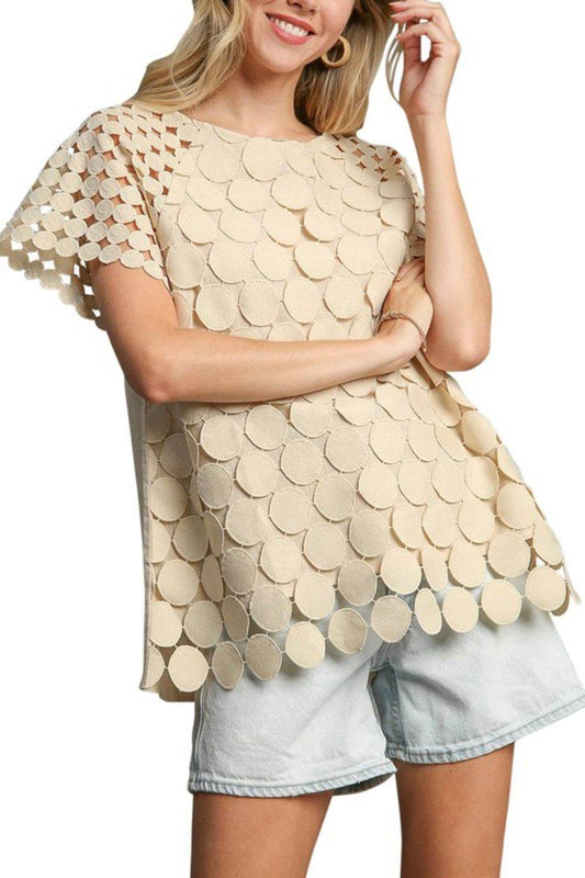 Umgee Full Size Mixed Polka Dot Lace Raglan Sleeve Boxy Cut Top Plus Size - Shop Style & More | Fresh Looks, Everyday Deals & Free Shipping