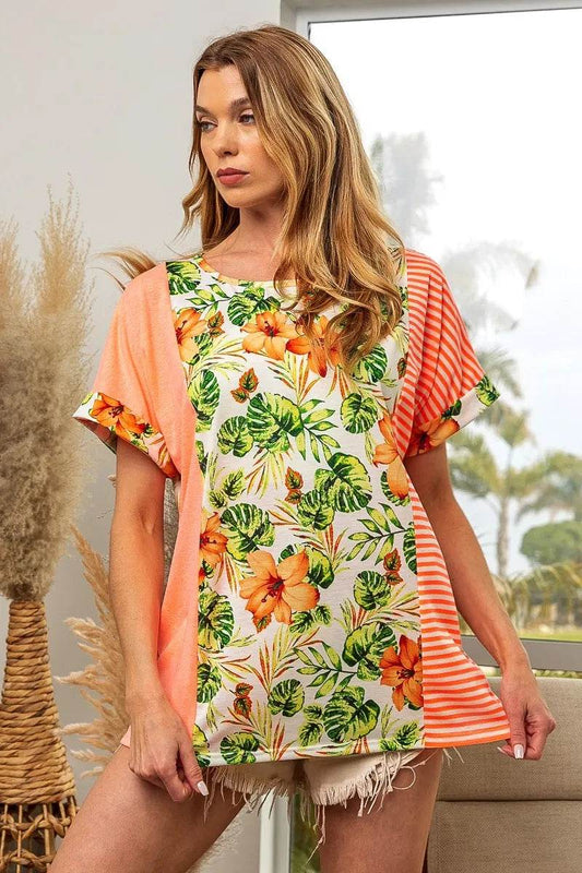 BiBi Floral W Stripe Color Block Dolman Sleeves Top - Shop Style & More | Fresh Looks, Everyday Deals & Free Shipping