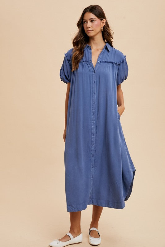 Annie Wear Mineral Washed Button Down Puff Sleeve Shirt Dress Casual Dresses