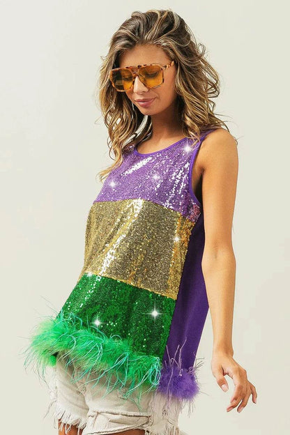BiBi Mardi Gras Color Block Faux Feather Hem Sequin Top - Shop Style & More | Fresh Looks, Everyday Deals & Free Shipping