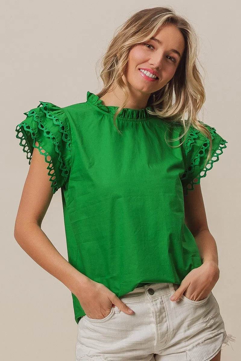 BiBi Solid Woven Circle Trim Ruffle Top - Shop Style & More | Fresh Looks, Everyday Deals & Free Shipping