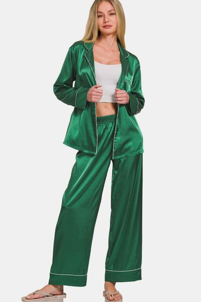 Zenana Satin Long Sleeve Shirt and Pants Pajama Set Lounge Set