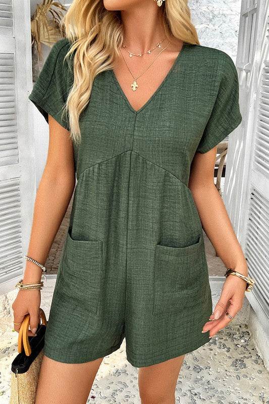 Solid Deep V Neck Drop Shoulder Loose Pockets Romp - Shop Style & More | Fresh Looks, Everyday Deals & Free Shipping