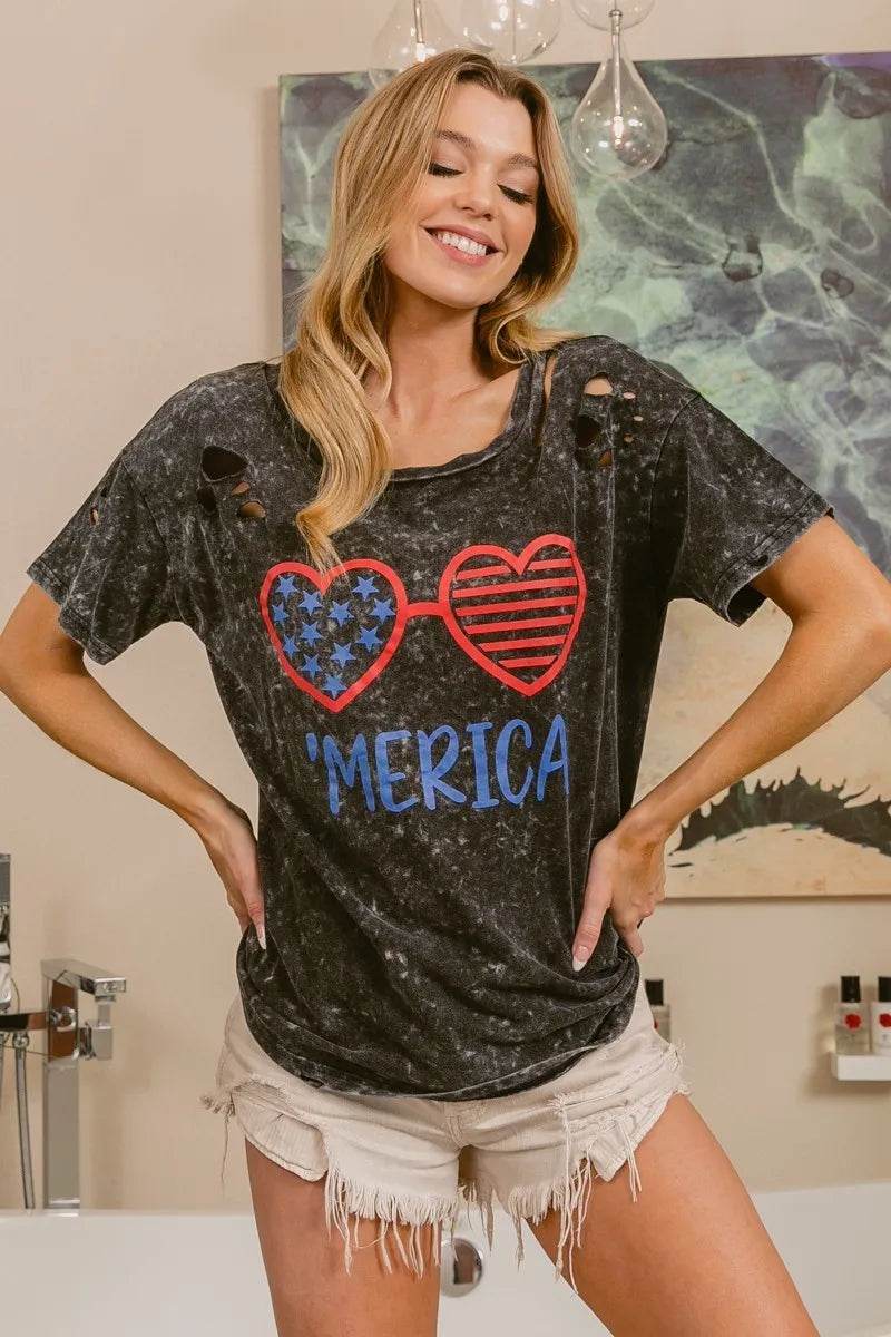 BiBi 4th Of July Theme Mineral Washed Laser Cut Top - Shop Style & More | Fresh Looks, Everyday Deals & Free Shipping