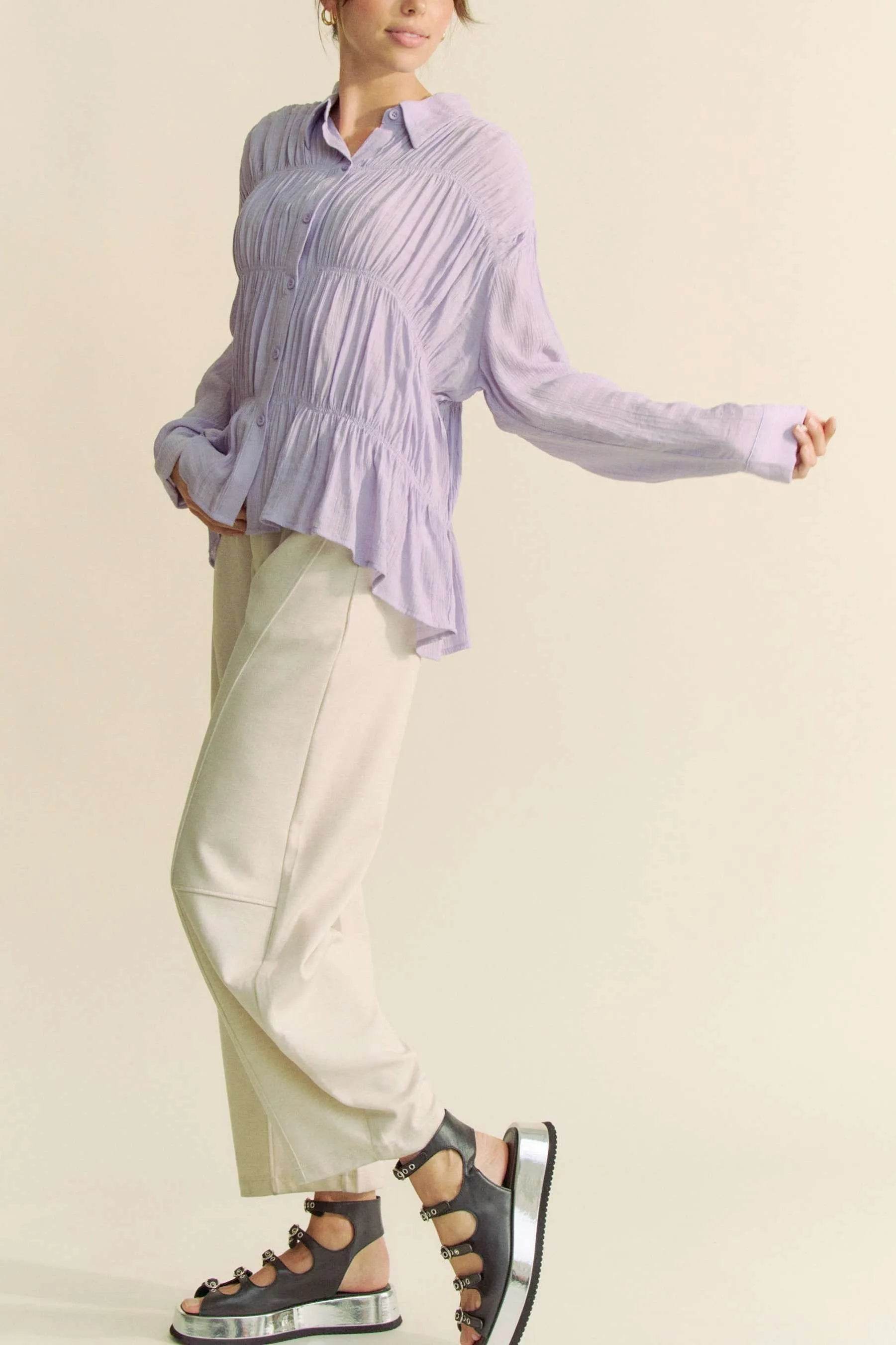 Davi & Dani Ruched All Over Button Front Shirt - Shop Style & More | Fresh Looks, Everyday Deals & Free Shipping