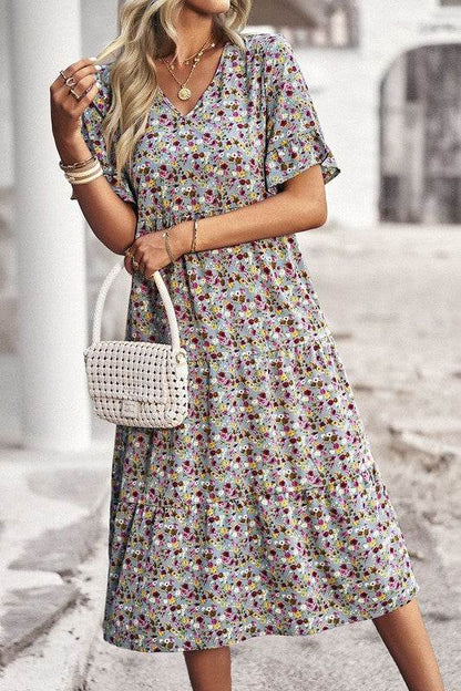 Boho Floral Ruffle Hem V Neck Short Sleeve Dress - Shop Style & More | Fresh Looks, Everyday Deals & Free Shipping